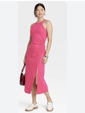 A New Day Pink Sleeveless Midi Dress Womens Medium Ruched Side Stretch Bodycon